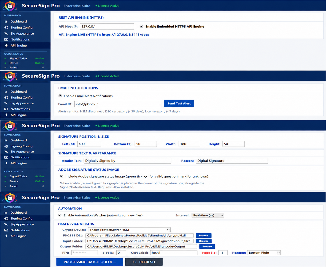 SecureSign Pro configuration panels for API, notifications, signature appearance, and automation