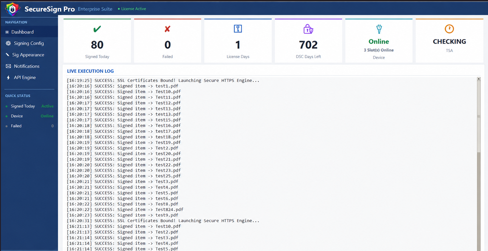 SecureSign Pro dashboard showing signed-today counters, device status, and live execution log
